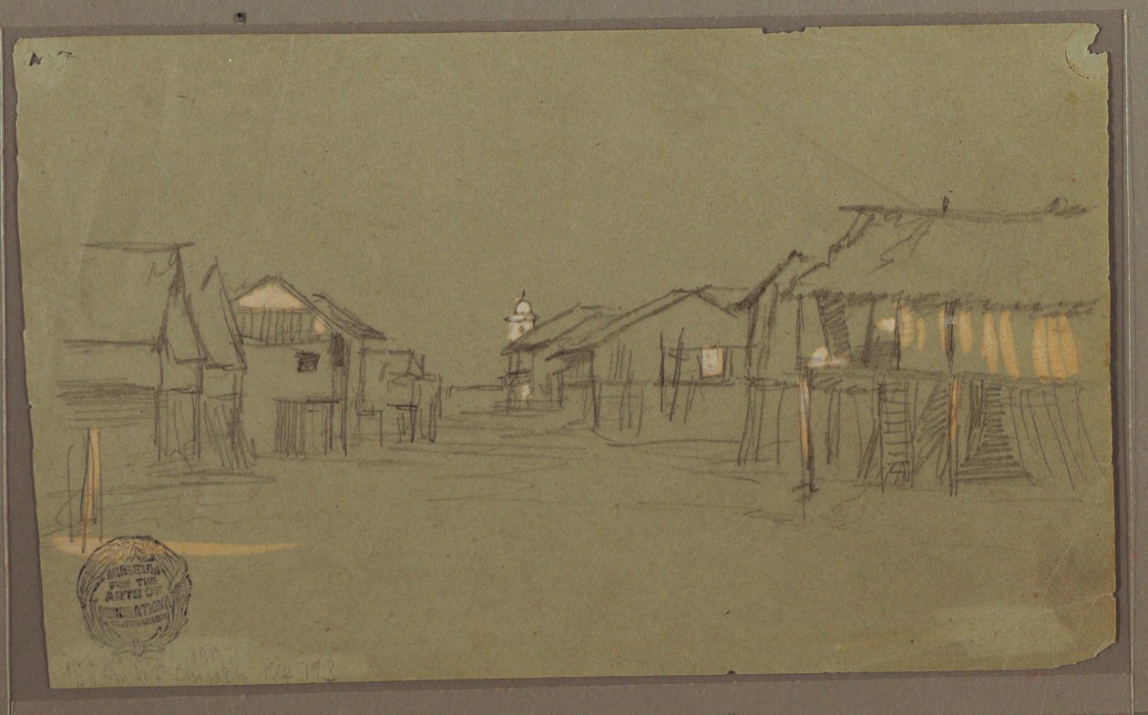 Tekening, Straat die naar een kerk leidt, Guayaquil, Ecuador, mei 1857 door Frederic Edwin Church
