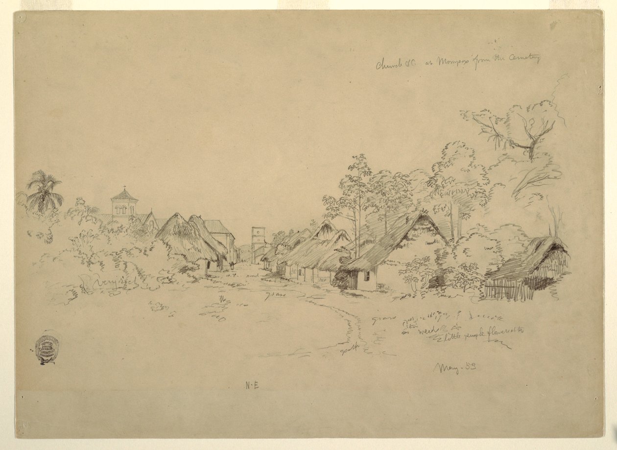Tekening, straat in Mompos, Colombia, mei 1853 door Frederic Edwin Church