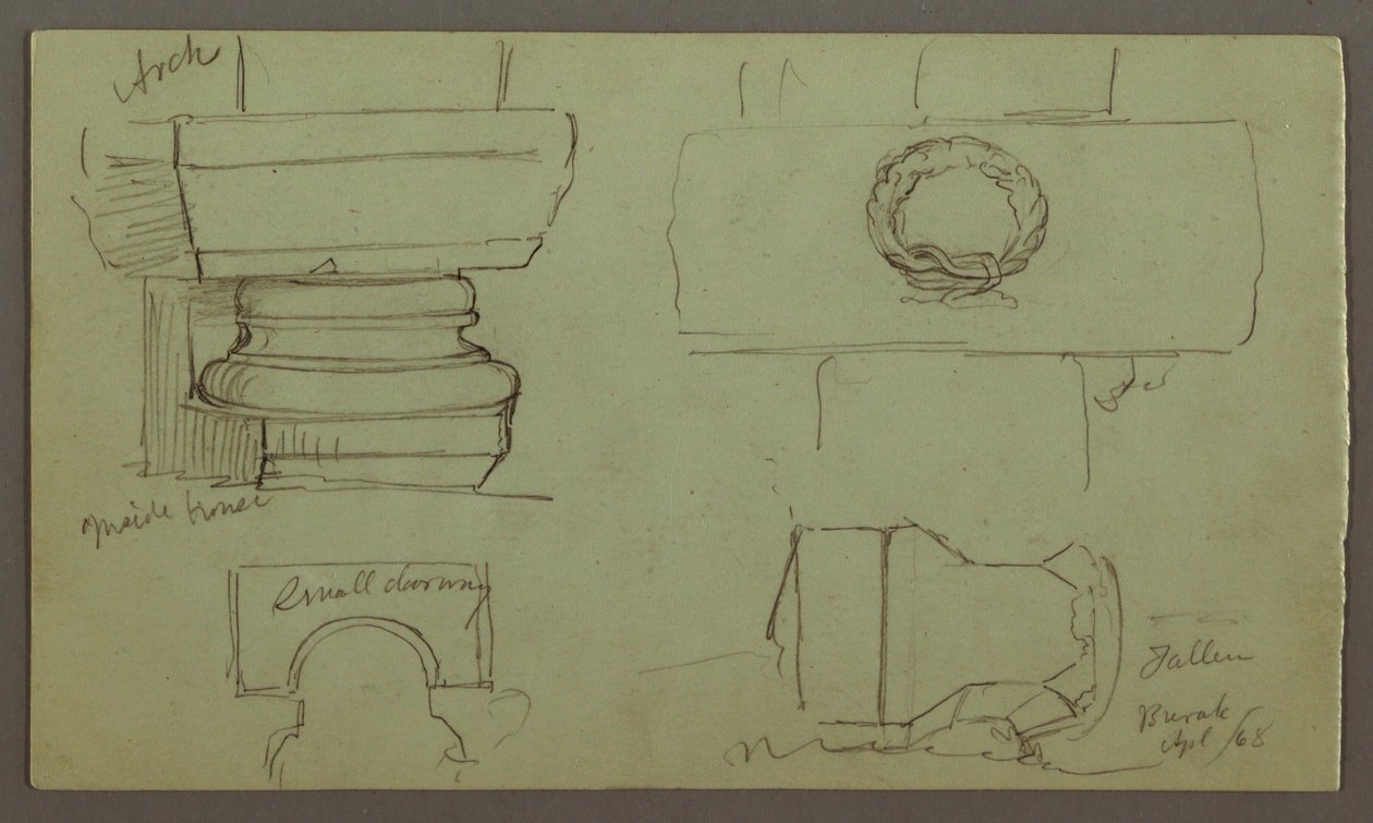 Tekening, Studies van bogen en boogvoet, april 1868 door Frederic Edwin Church