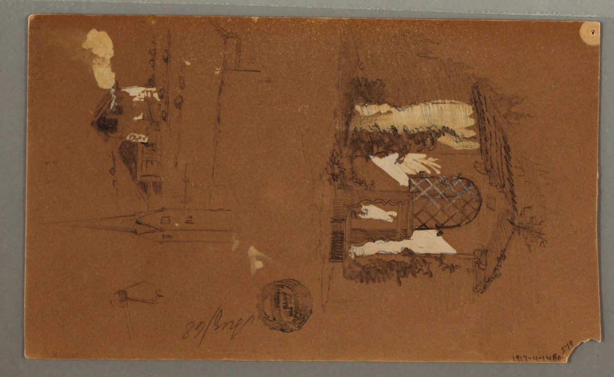 Tekening, Studies van Chalet, man met pijp, Eenden, 1868 door Frederic Edwin Church