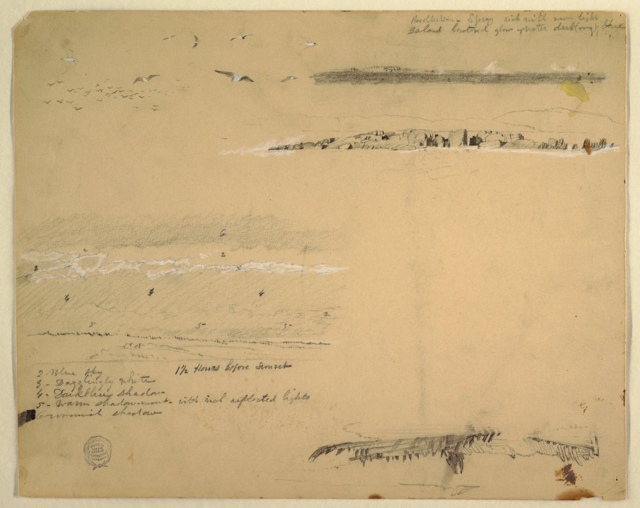 Tekening, Studies van meeuwen, rotsachtige kust en bewolkte lucht, Great Manan, Canada, september 1851 door Frederic Edwin Church