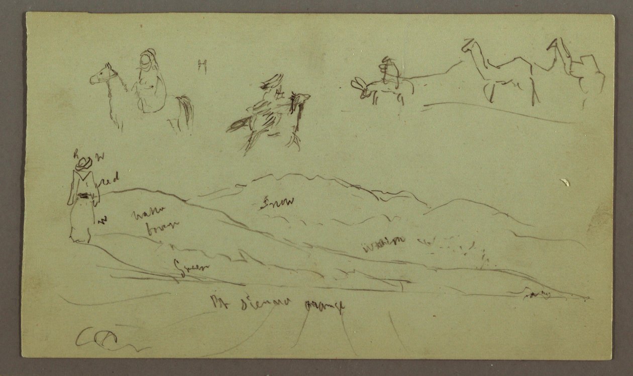 Tekening, Studies van figuren op ezels en ezels, figuur op heuvelrug, mogelijk 1868 door Frederic Edwin Church