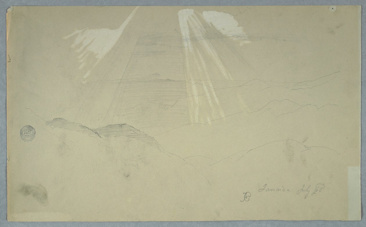 Tekening, Zonnestralen schijnen van boven, Jamaica, juli 1865 door Frederic Edwin Church