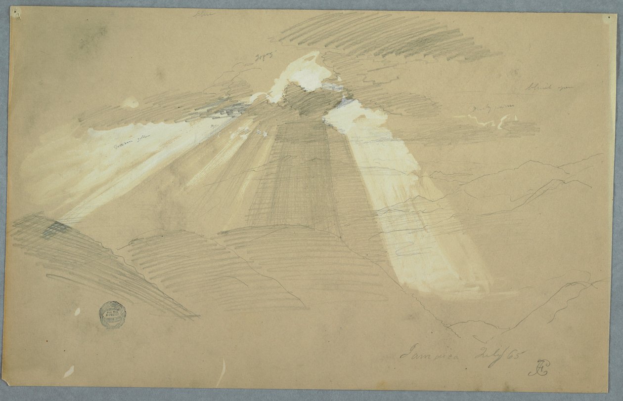 Tekening, Zon schijnt door wolken, Jamaica, juli 1865 door Frederic Edwin Church