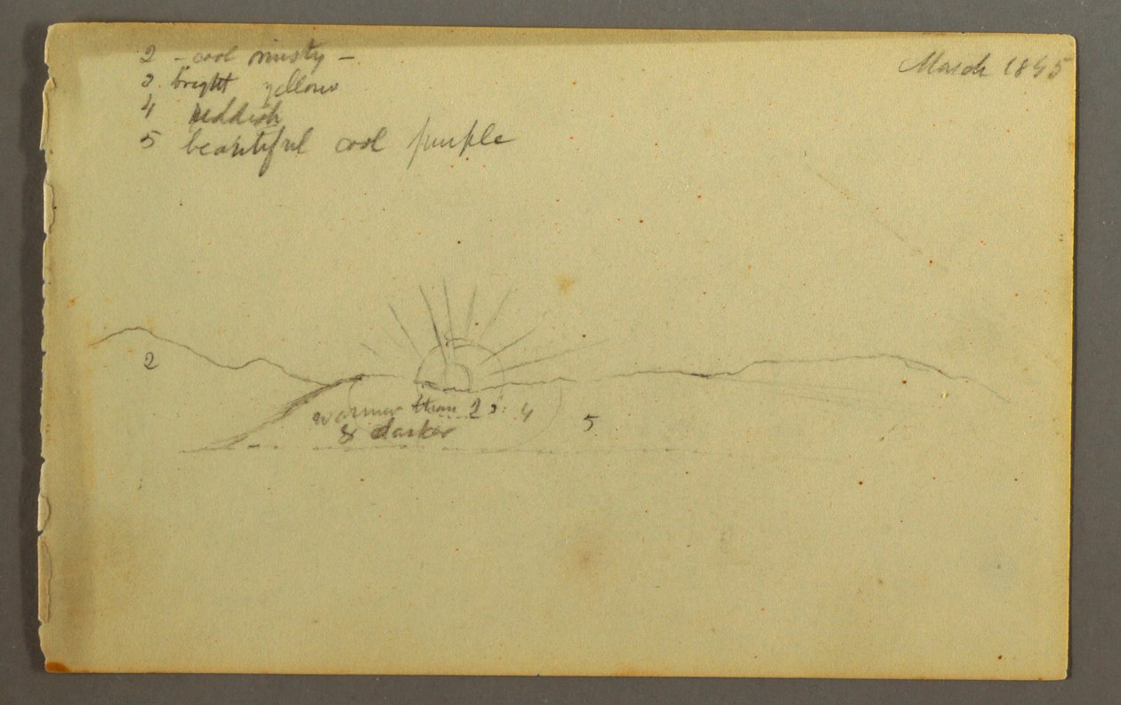 Tekening, Ondergaande zon achter lage heuvels, 1845 door Frederic Edwin Church