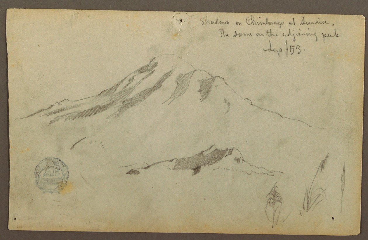 Tekening, Zonsopgang op de berg Chimborazo en drie details van Gras, september 1853 door Frederic Edwin Church