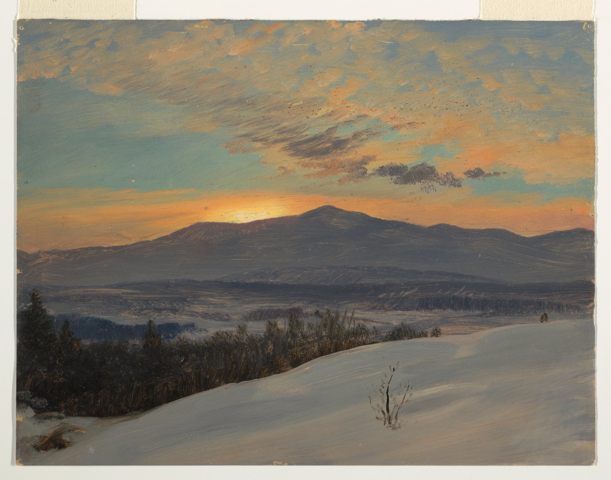 Tekening, Zonsondergang in de Hudson-vallei, winter, 1870-80 door Frederic Edwin Church