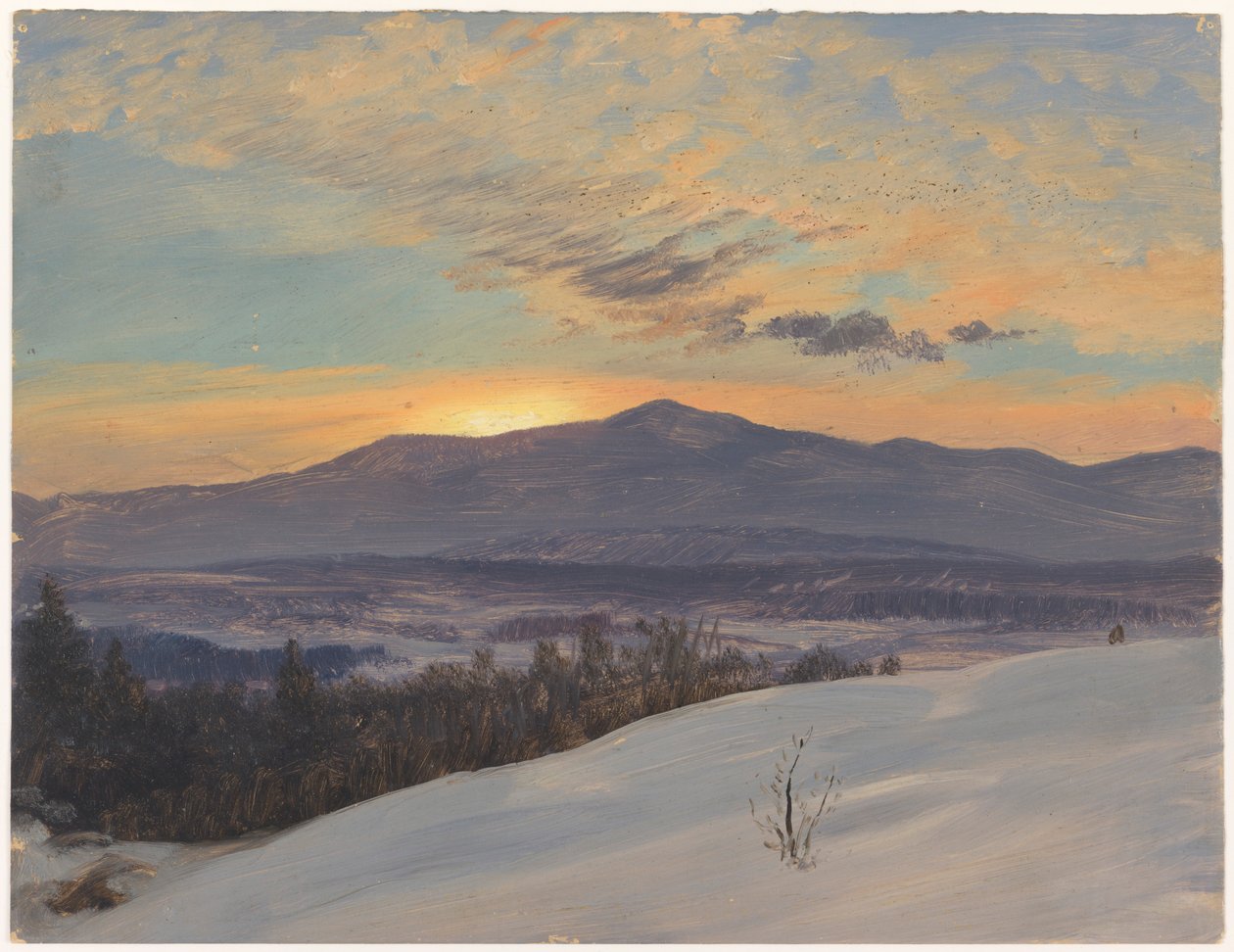 Tekening, Zonsondergang in de Hudson-vallei, winter, 1870-80 door Frederic Edwin Church