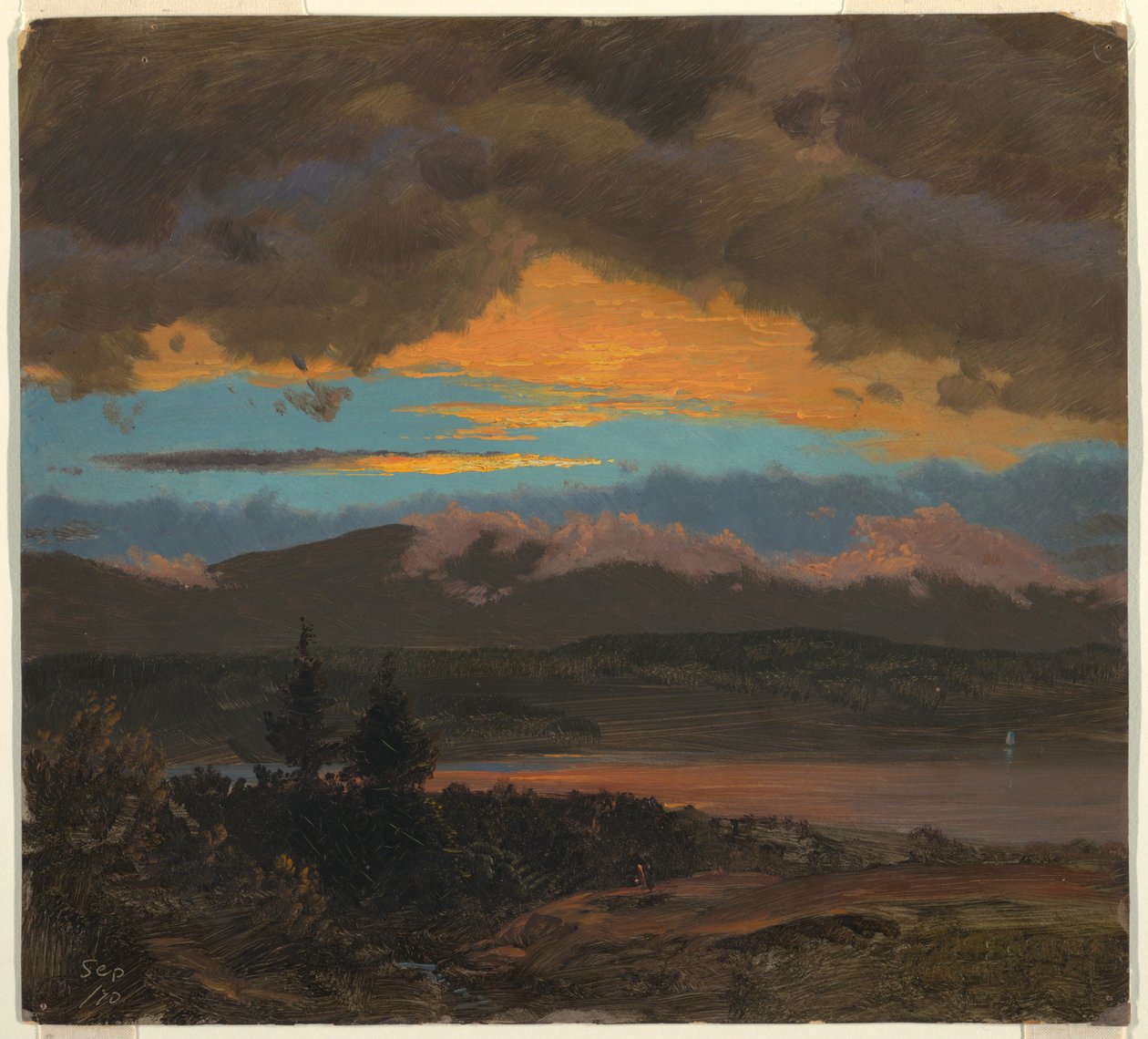 Tekening, Zonsondergang over de Hudson-vallei, New York, september 1870 door Frederic Edwin Church