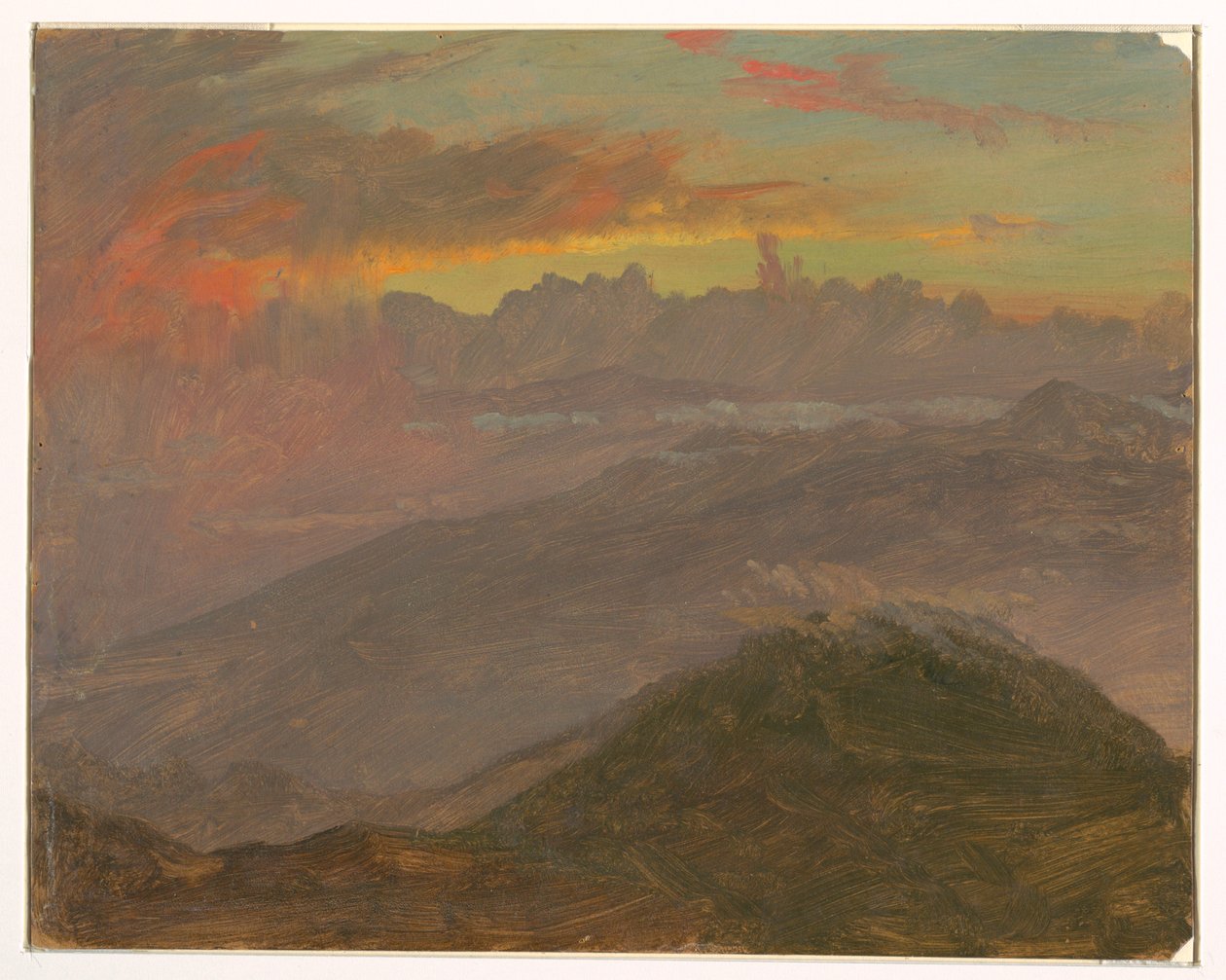 Tekening, Zonsondergang en bergen, juli 1865 door Frederic Edwin Church