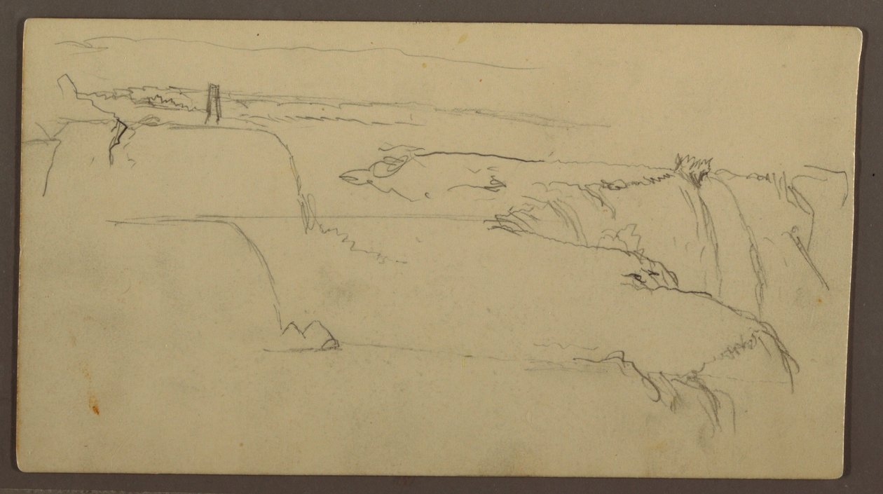 Tekening, Zonsondergang boven oever met schip, 1858 door Frederic Edwin Church