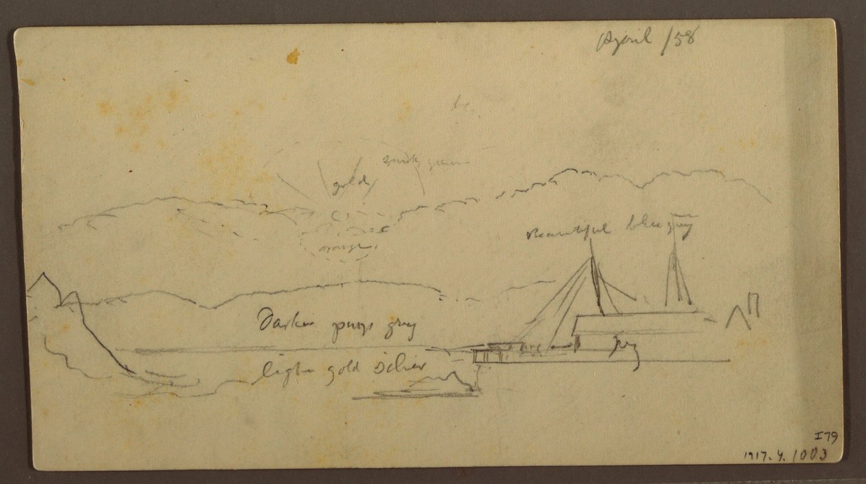 Tekening, Zonsondergang boven oever met schip, 1858 door Frederic Edwin Church