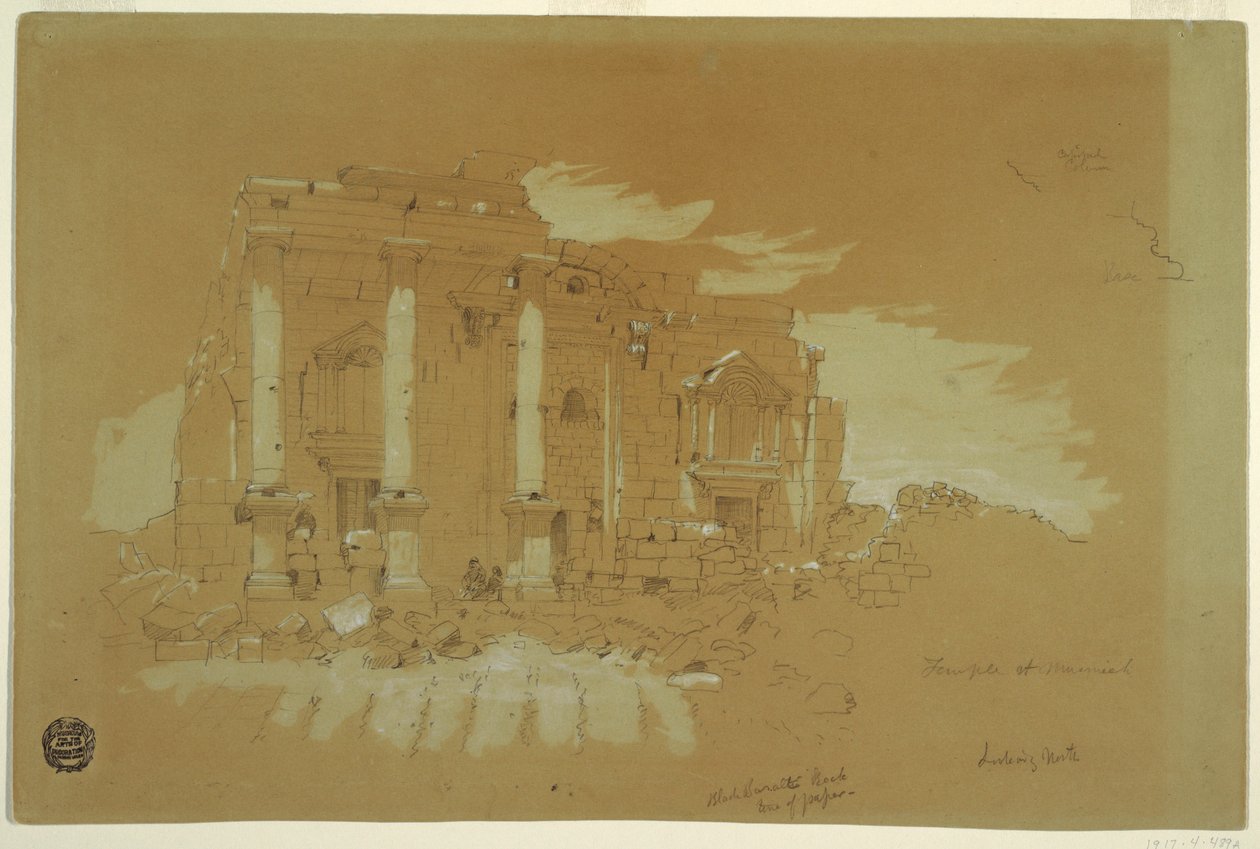 Tekening, Tempel in Mismiyeh, Syrië, 28 april 1868 door Frederic Edwin Church