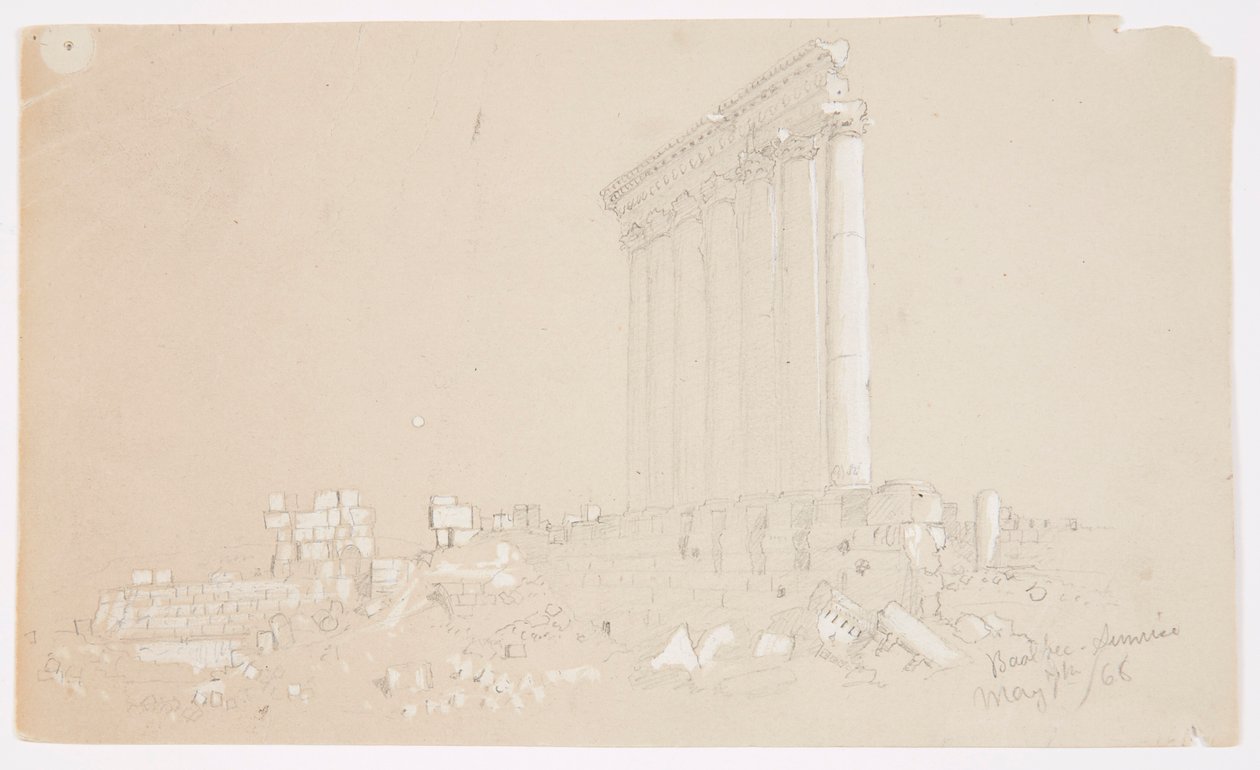 Tekening, Tempel van Jupiter bij zonsopgang, Baalbek, 7 mei 1868 door Frederic Edwin Church
