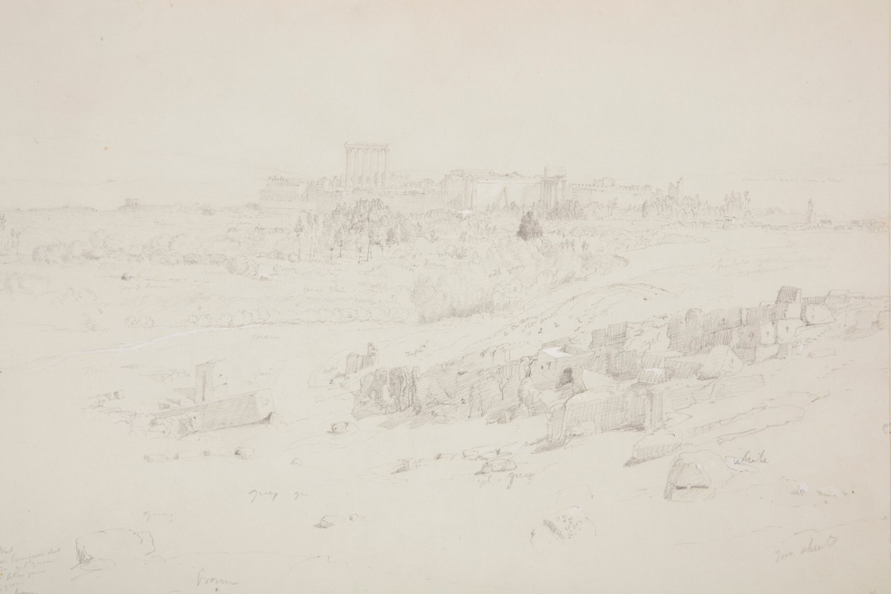 Tekening, Tempels in de ochtend, Baalbek, 12 mei 1868 door Frederic Edwin Church