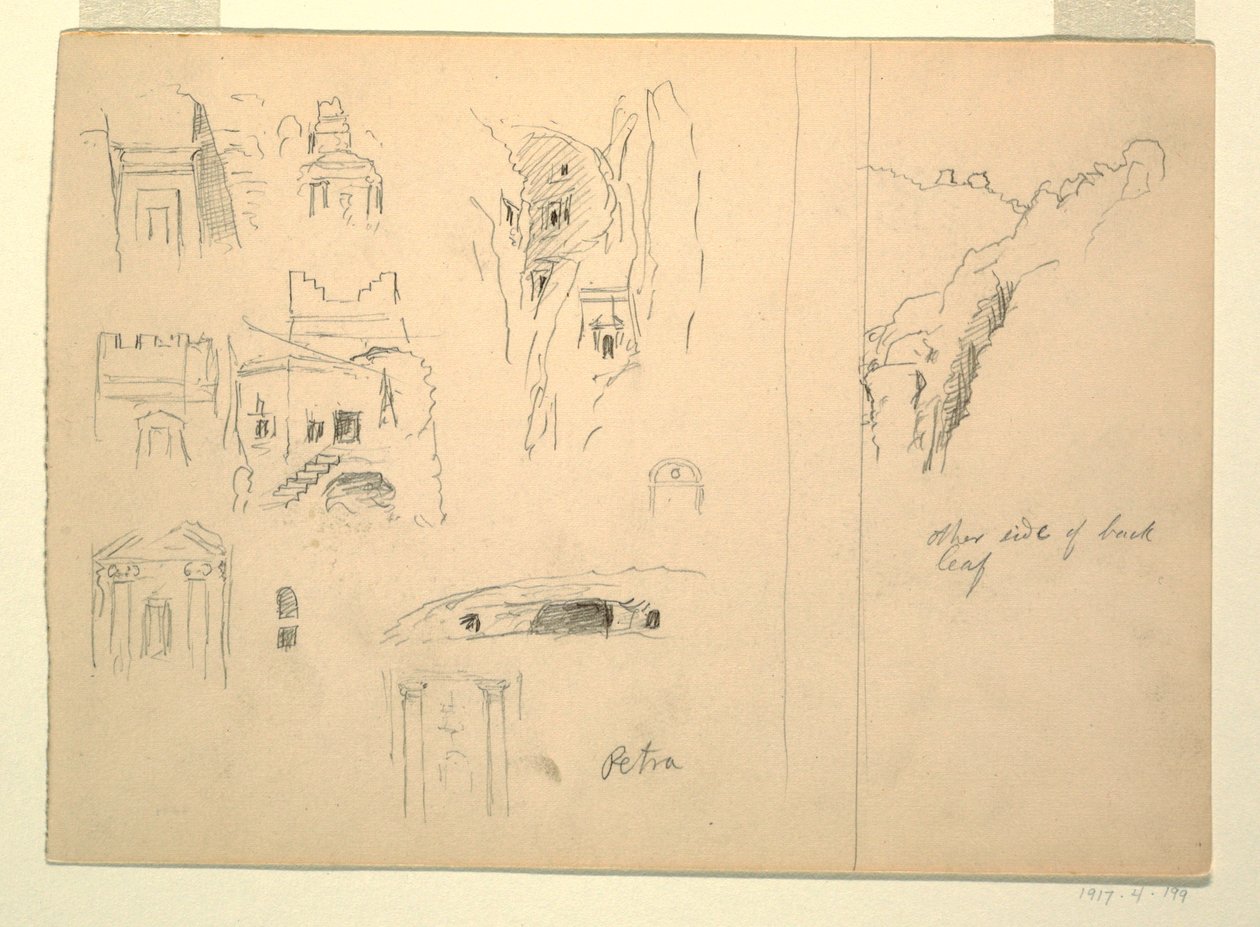 Tekening, Tien studies van graven en een zicht op rotsen, Petra, Jordanië, 26 februari 1868 door Frederic Edwin Church