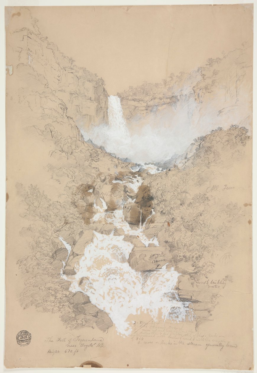 Tekening, Tequendama watervallen bij Bogotá, Colombia, juli 1853 door Frederic Edwin Church