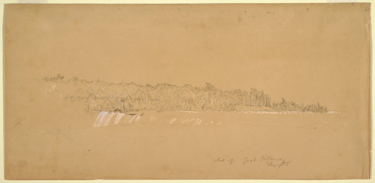 Tekening, Terrapin Rocks amp; het oostelijke deel van Goat Island vanaf de Canadese Bank, augustus 1858 door Frederic Edwin Church