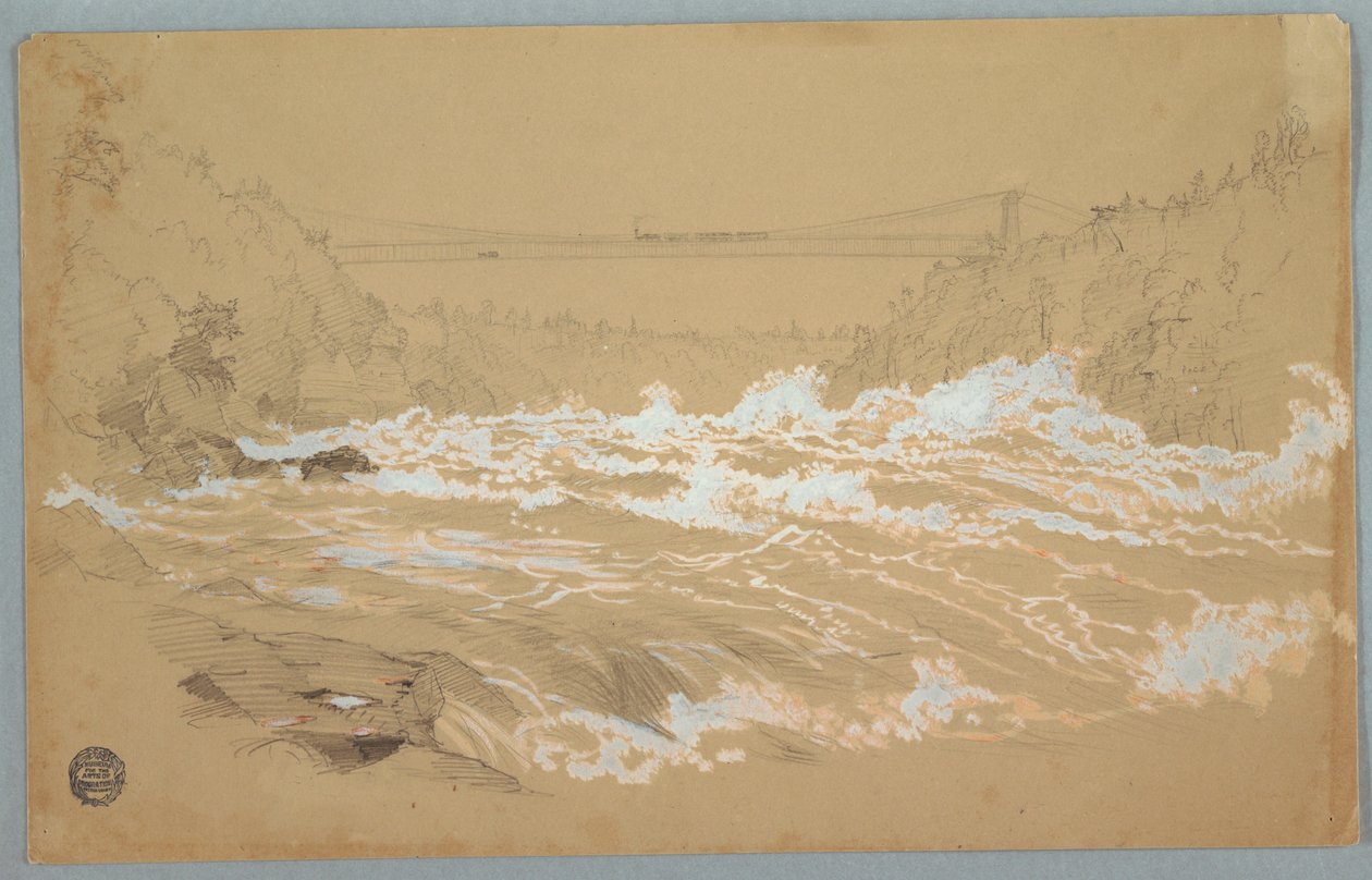 Tekening, De kloof, Niagara, kijkend naar de hangbrug, ca. 1856-58 door Frederic Edwin Church