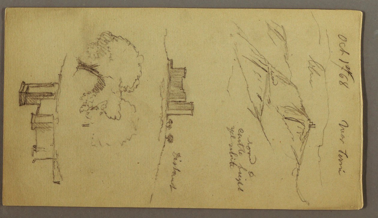 Tekening, Drie studies van kasteel op heuveltop, 1 oktober 1868 door Frederic Edwin Church