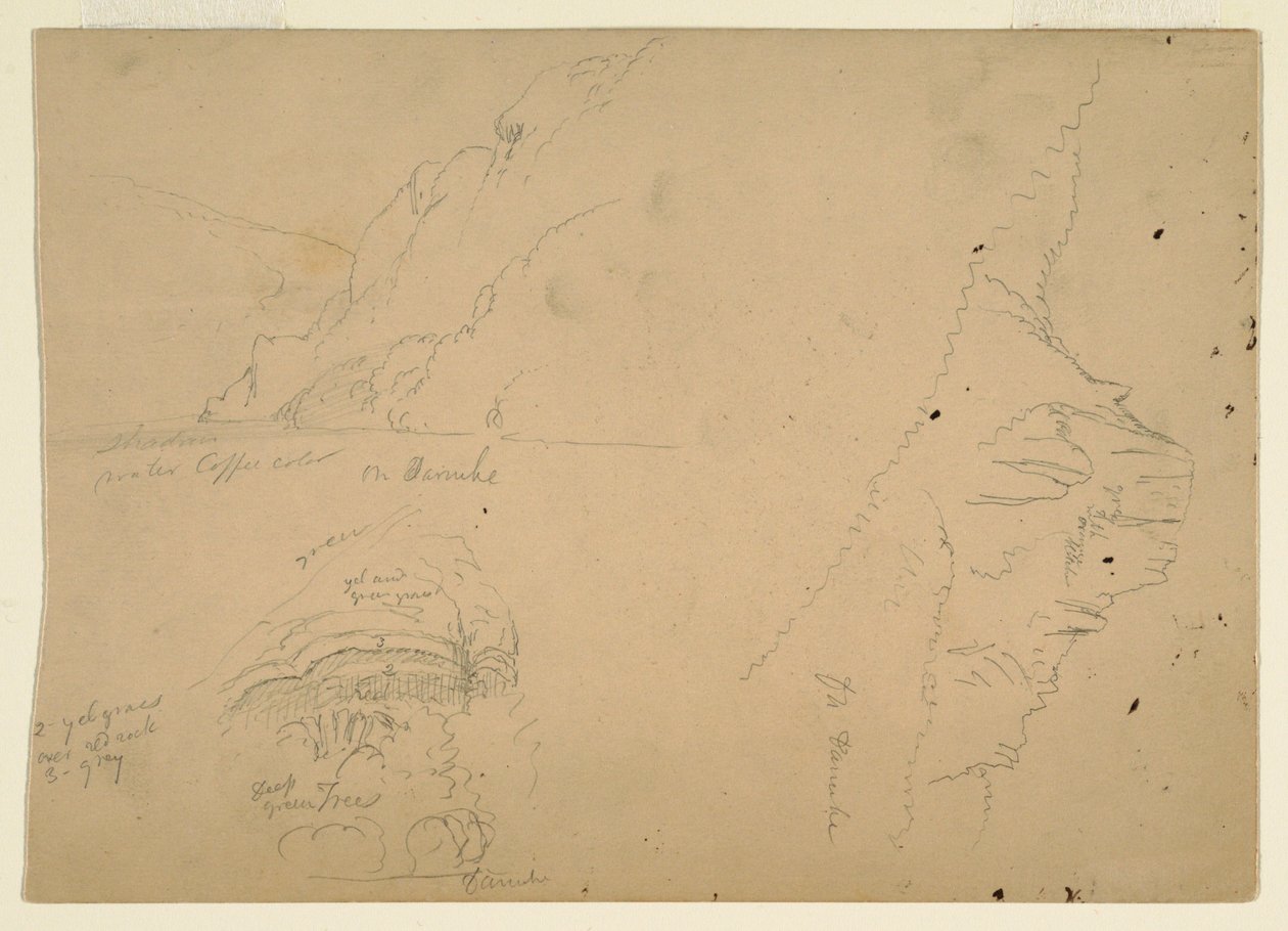 Tekening, Drie schetsen van steile bergachtige oevers van de Donau, 1868 door Frederic Edwin Church