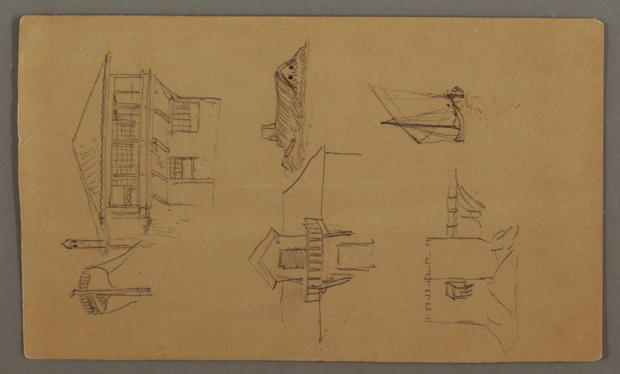 Tekening, Houten huis, twee zeilboten, dakstudies, mogelijk 1868 door Frederic Edwin Church
