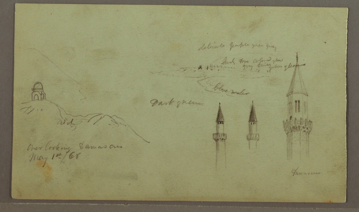 Tekening, Graf van een heuvel, drie minaretten, 1 mei 1868 door Frederic Edwin Church