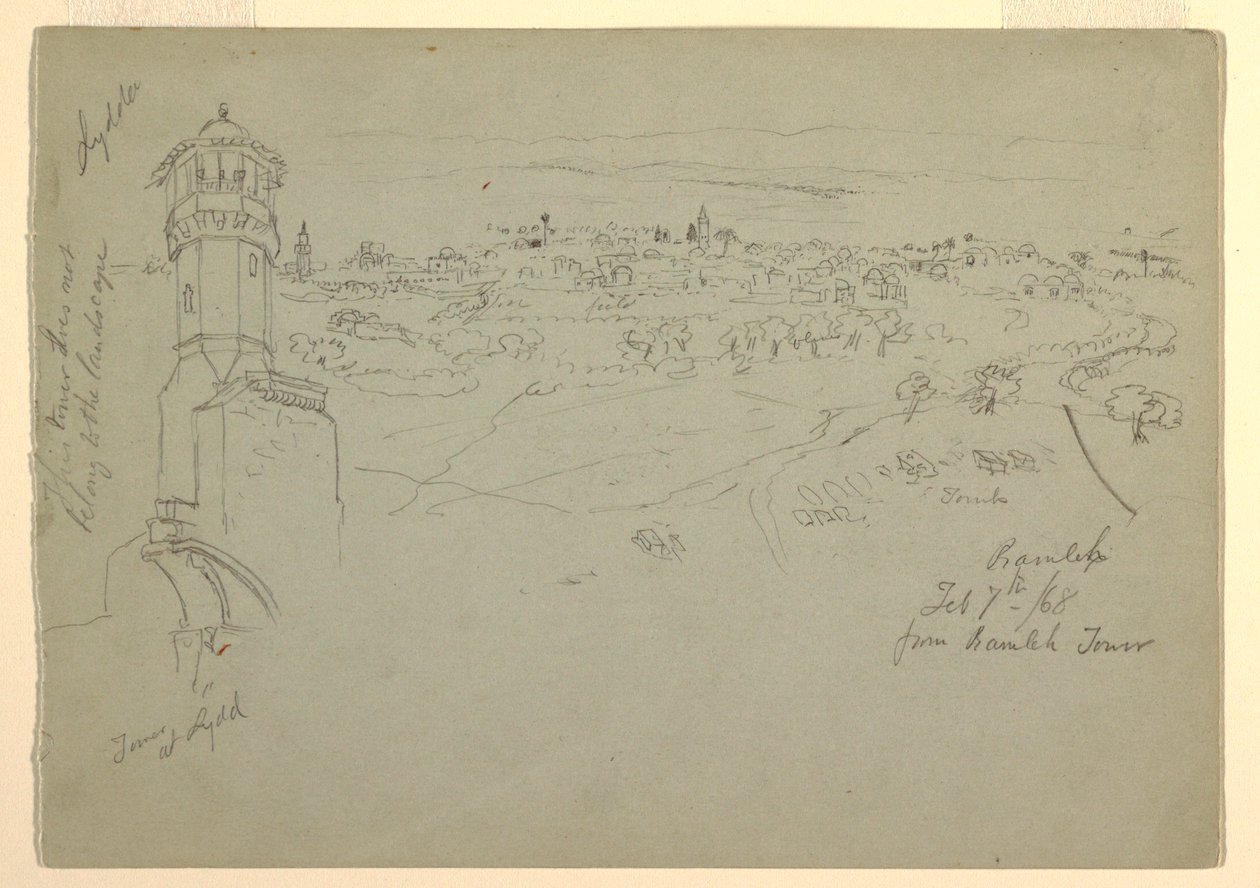 Tekening, Toren bij Lydda en Ramleh gezien vanaf Ramleh Tower, Palestina [Ramleh, Israël], 7 en 10 februari 1868 door Frederic Edwin Church