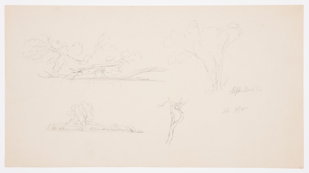 Tekening, Bomen, een oever met struiken en bomen, september 1876 door Frederic Edwin Church