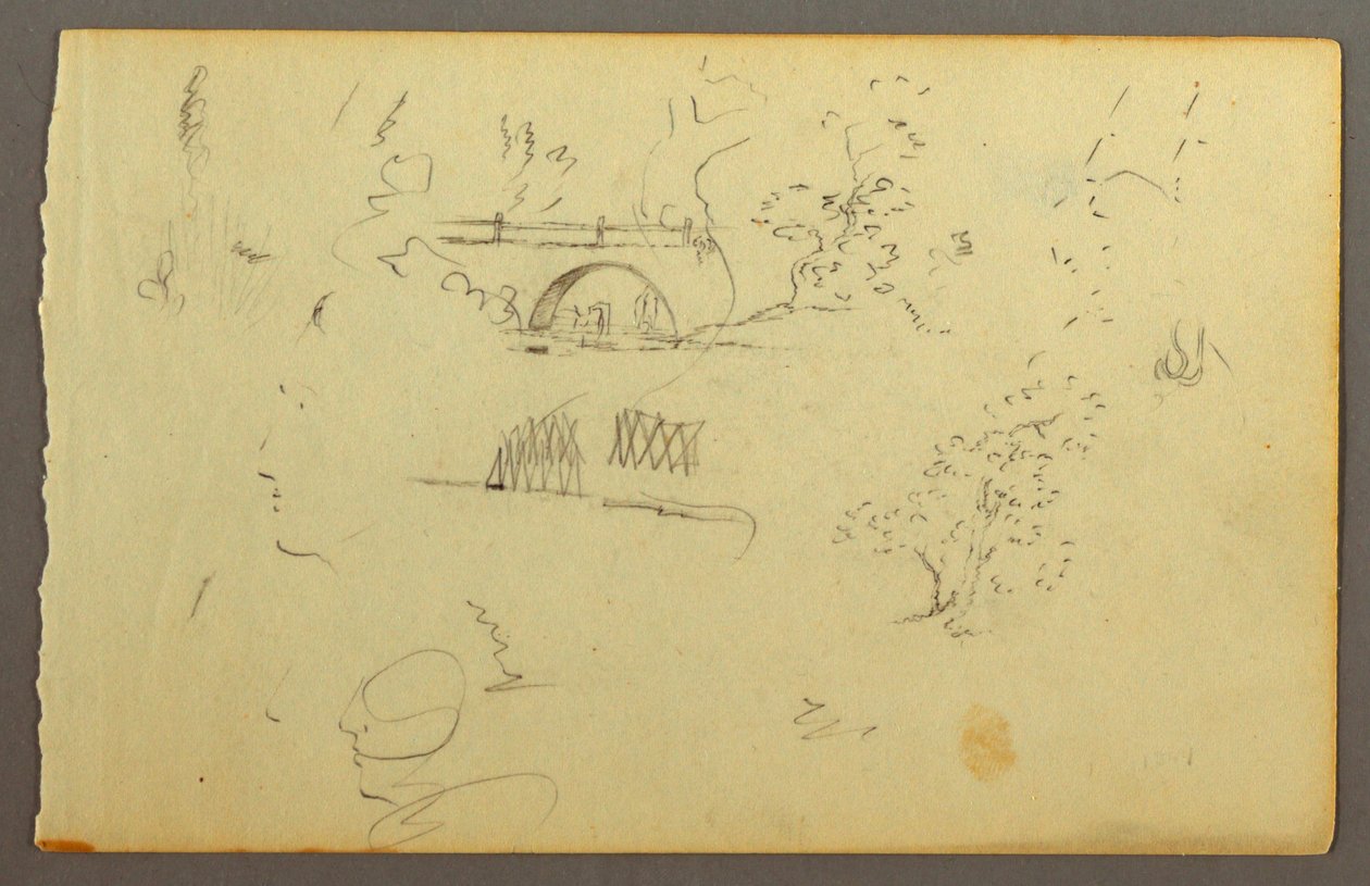 Tekening, Bomen, brug, gezichten in profiel, mogelijk 1844 door Frederic Edwin Church