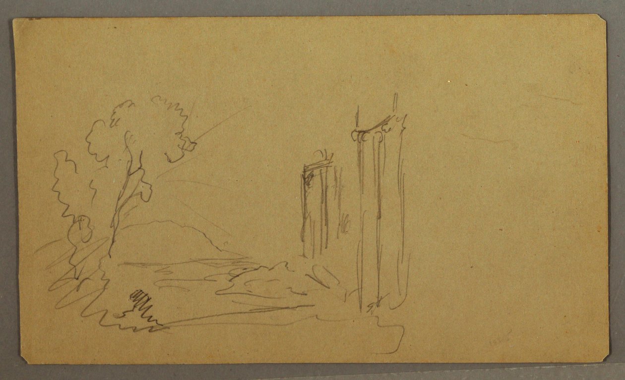 Tekening, Bomen, klassieke zuilen, mogelijk 1865-66 door Frederic Edwin Church