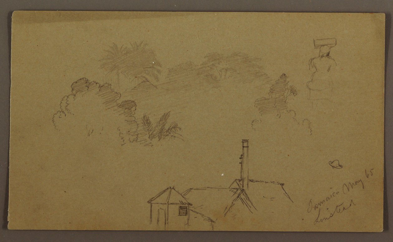 Tekening, bomen, figuur, huis Linstead, mei 1865 door Frederic Edwin Church