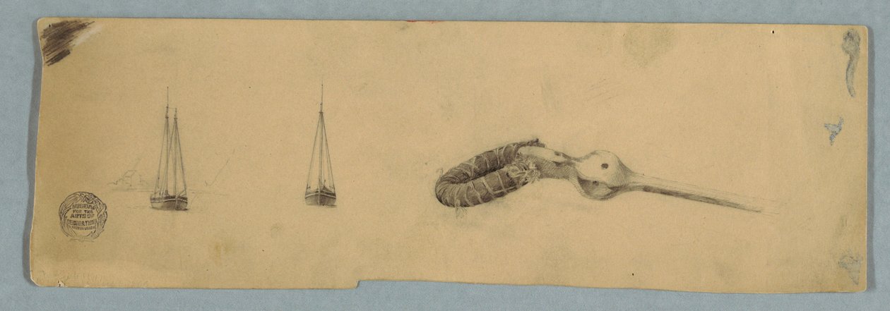 Tekening, Tweemastschip voor anker en de schacht van een apparaat, 1850-51 door Frederic Edwin Church