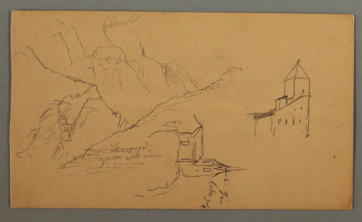 Tekening, Twee kerken, vallei, waterval, 1868 door Frederic Edwin Church