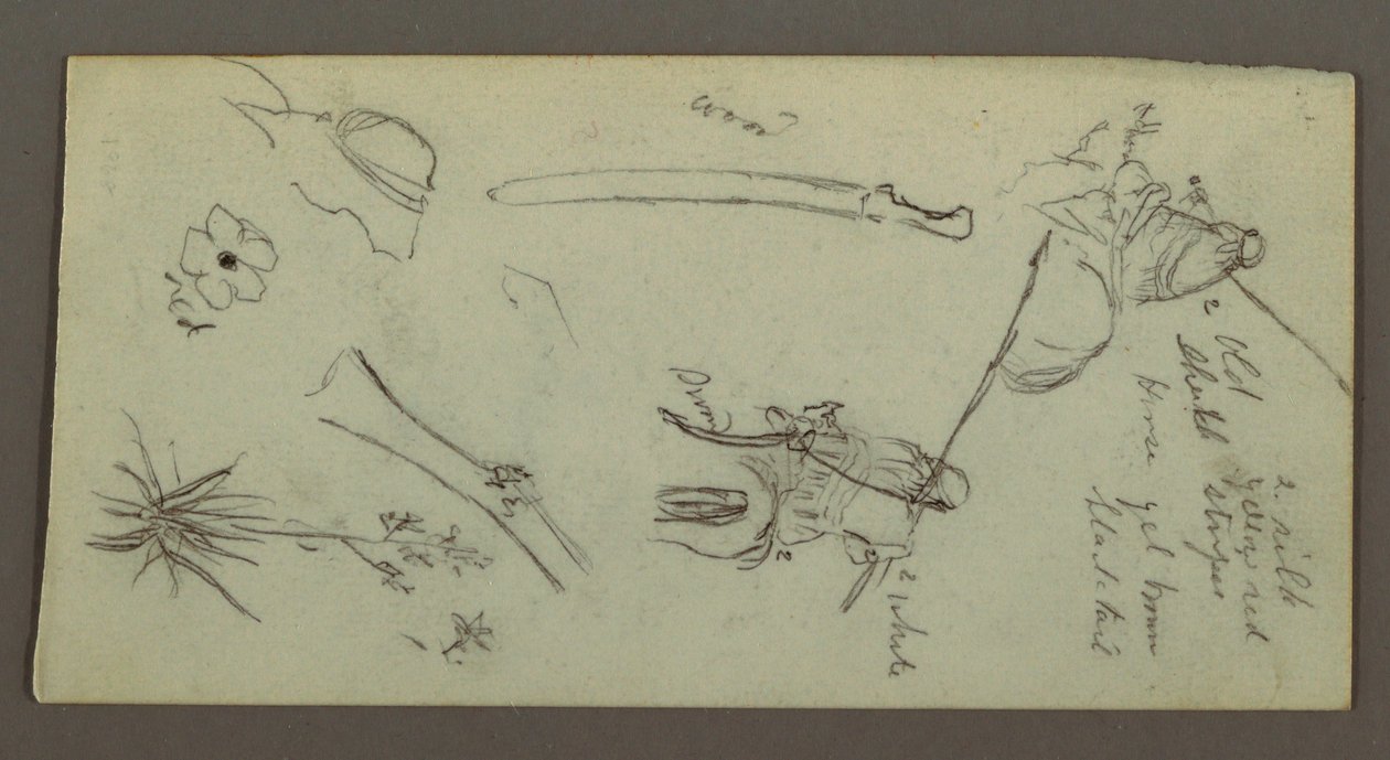 Tekening, Twee figuren rijdend op paarden, met speren, zwaard, onderste deel van een geweer, etc., mogelijk 1868 door Frederic Edwin Church