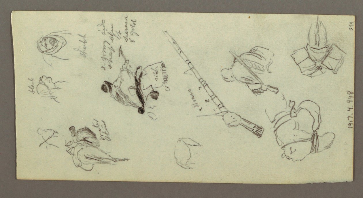 Tekening, Twee figuren rijdend op paarden, met speren, zwaard, onderste deel van een geweer, etc., mogelijk 1868 door Frederic Edwin Church