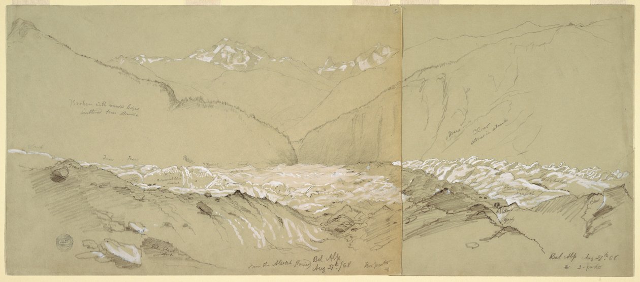 Tekening, Bovenste Aletschgletsjer met de Grote Fusshorn, 1868 door Frederic Edwin Church