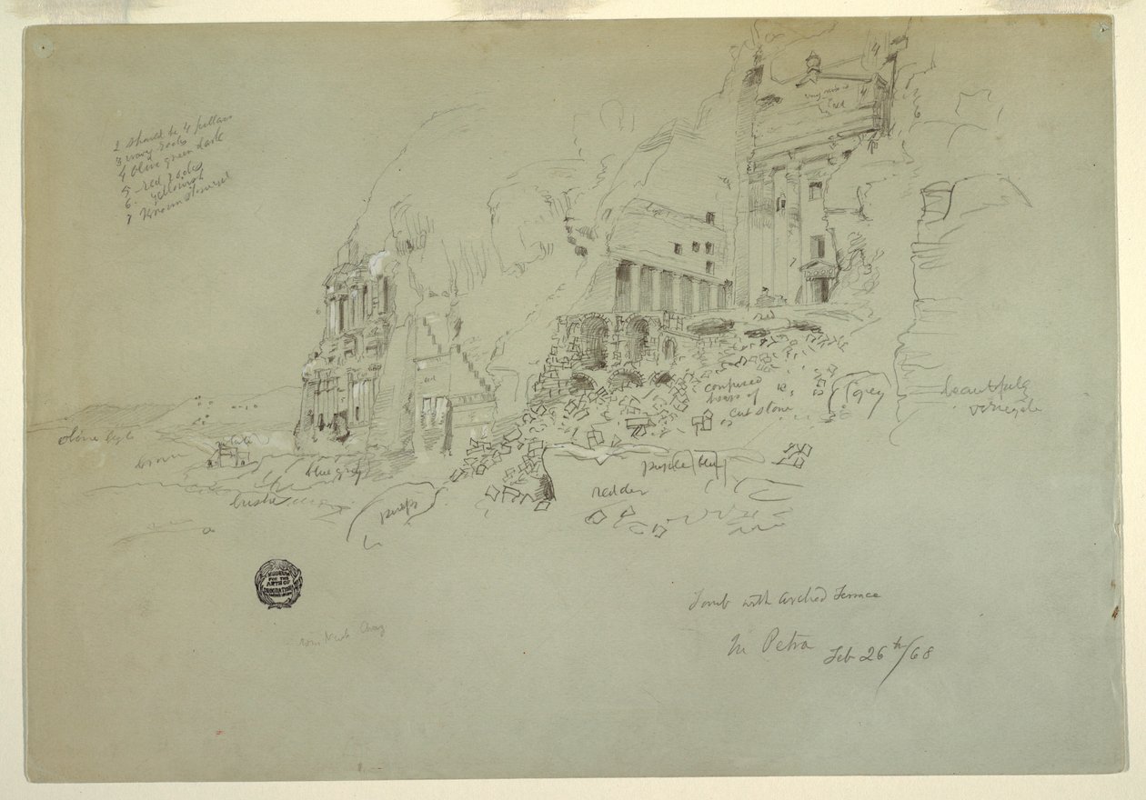 Tekening, Urnengraf, Zijdengraf en Korinthische graftombe, Petra, 26 februari 1868 door Frederic Edwin Church