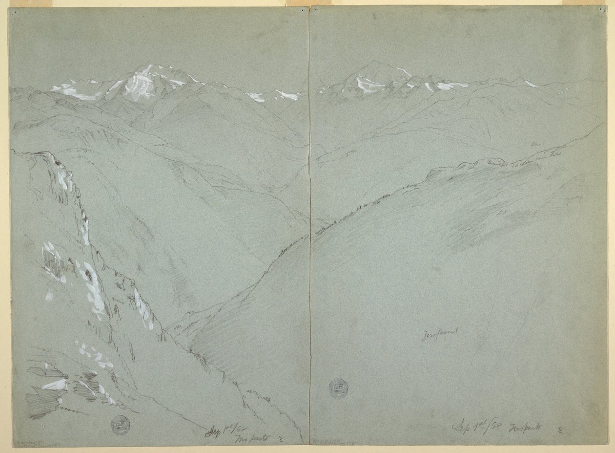 Tekening, Valleilandschap met besneeuwde toppen, Berner Alpen, Zwitserland, deel 1, 1 september 1868 door Frederic Edwin Church