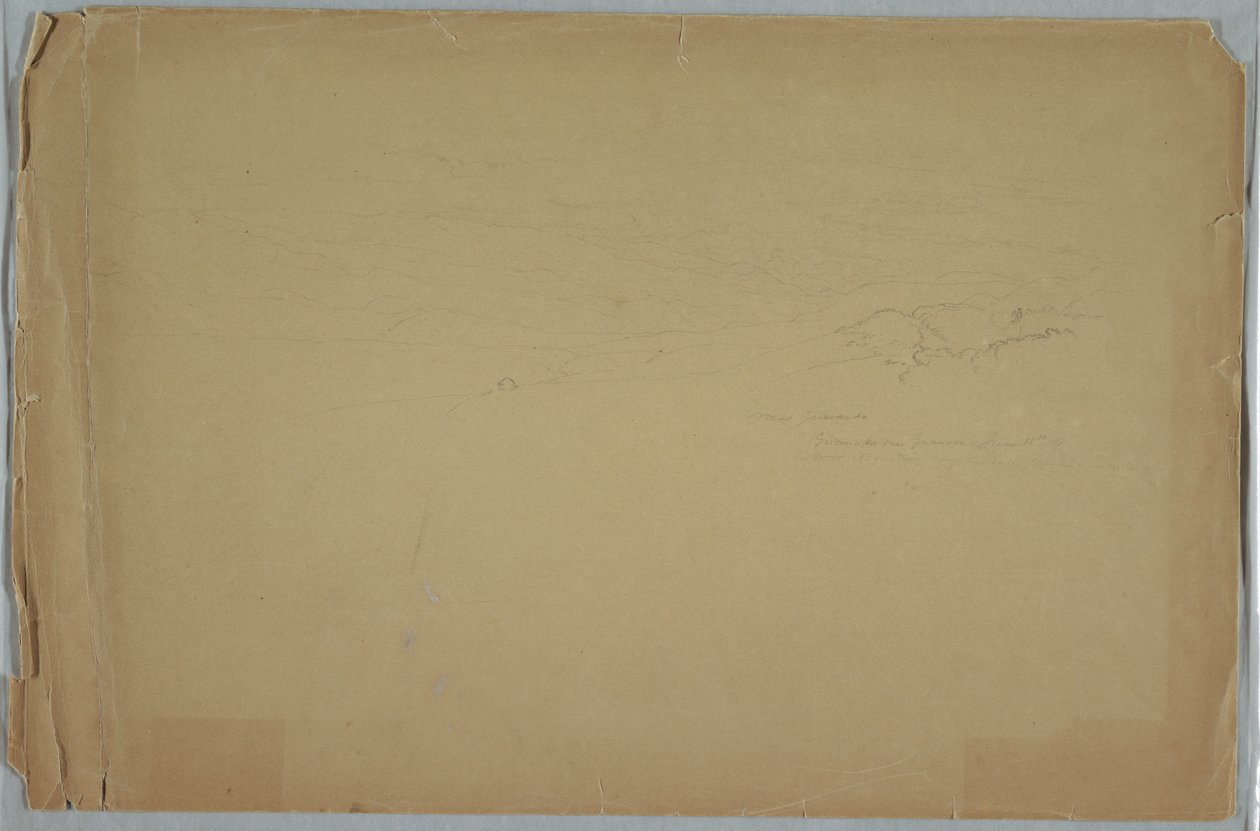 Tekening, Vallei tussen bergen, Guanoco, bij Guaranda, Ecuador, 11 juni 1857 door Frederic Edwin Church