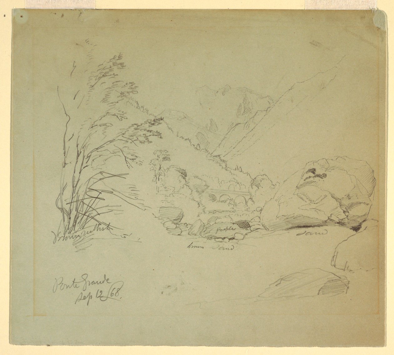 Tekening, Vallei met brug bij Macugnaga, 12 september 1868 door Frederic Edwin Church