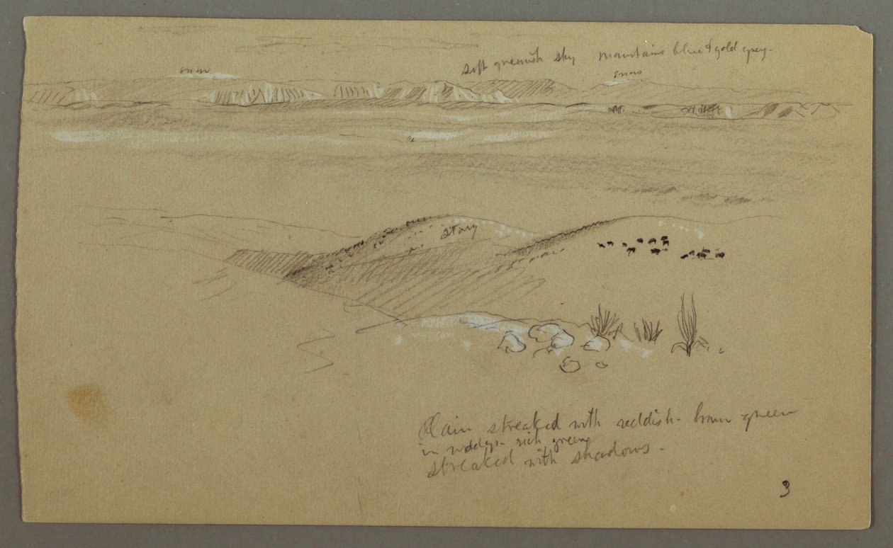 Tekening, Uitzicht over de heuvels en vlakte naar de bergen, Vallei van El Yemen, februari 1868 door Frederic Edwin Church