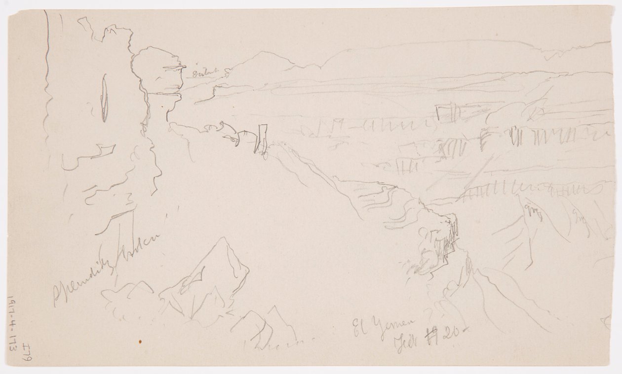 Tekening, Uitzicht over de heuvels en vlakte naar de bergen, Vallei van El Yemen, februari 1868 door Frederic Edwin Church