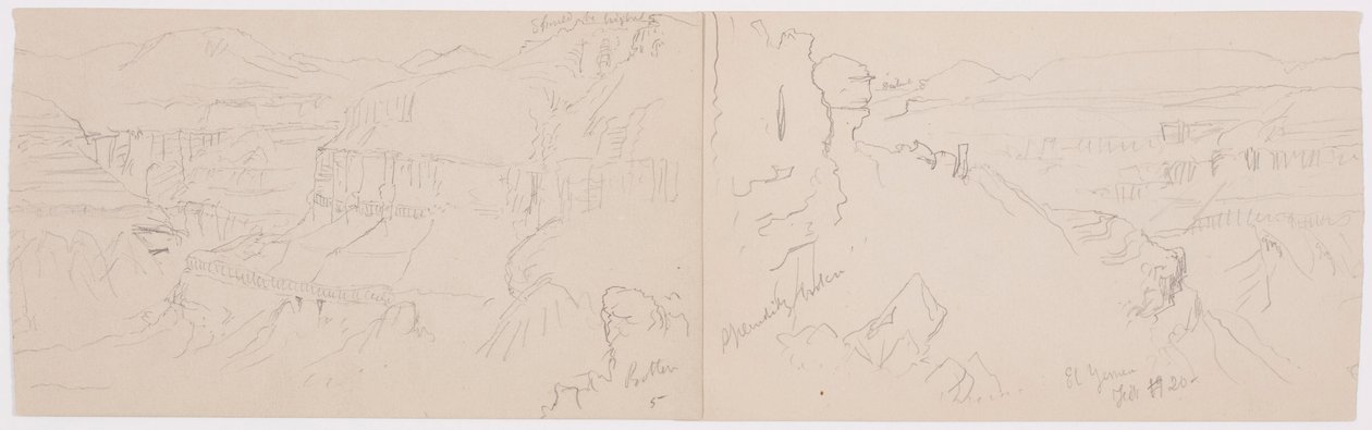 Tekening, Uitzicht over de heuvels en vlakte naar de bergen, Vallei van El Yemen, februari 1868 door Frederic Edwin Church