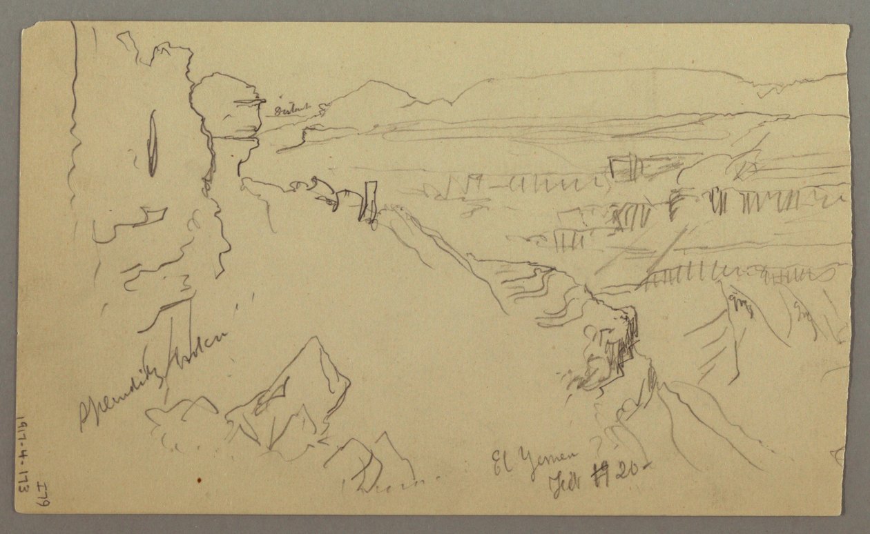 Tekening, Uitzicht over de heuvels en vlakte naar de bergen, Vallei van El Yemen, februari 1868 door Frederic Edwin Church