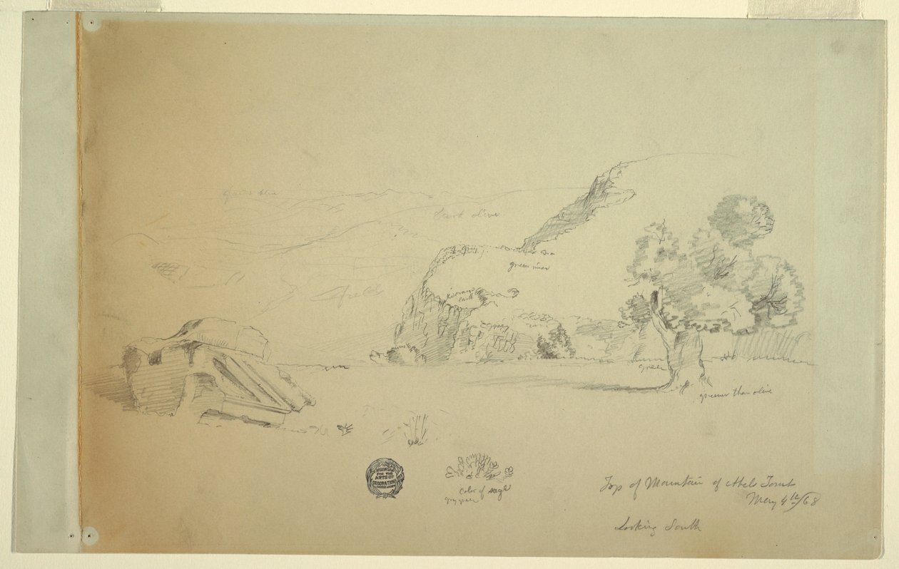Tekening, Uitzicht vanaf heuvel ten westen van suk wadi, 4 mei 1868 door Frederic Edwin Church
