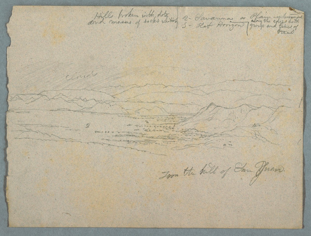 Tekening, Uitzicht vanaf de heuvel van San Juan, waarschijnlijk Colombia, 1853 door Frederic Edwin Church