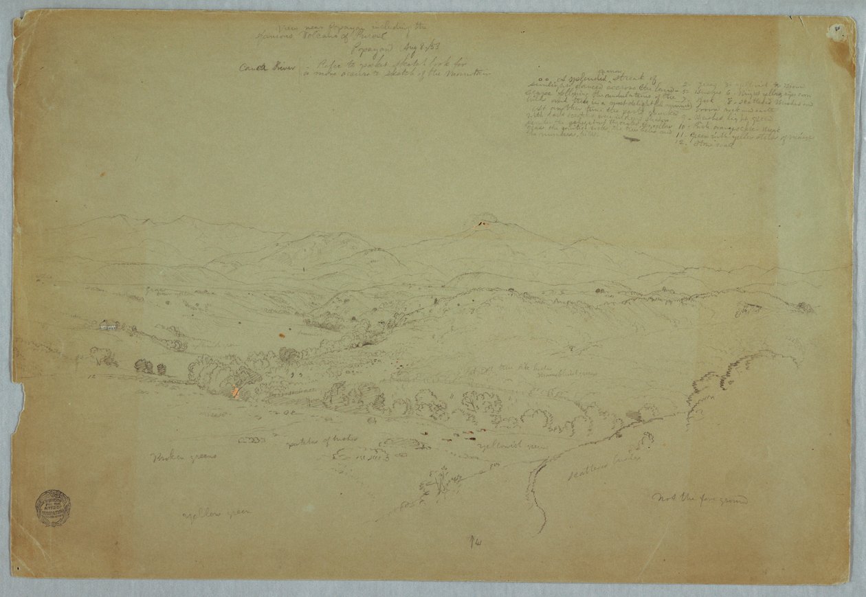 Tekening, Uitzicht bij Popayan inclusief vulkaan Mount Purese, Cauca-rivier, Colombia, 8 augustus 1853 door Frederic Edwin Church