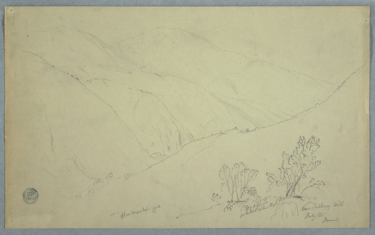 Tekening, uitzicht op Blue Mountain Peak, gezien vanaf Salloway Hill, Jamaica, juli 1865 door Frederic Edwin Church