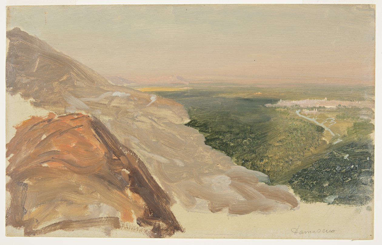 Tekening, Gezicht op een vlakte met Damascus, Syrië, vanaf de bergen, mei 1868 door Frederic Edwin Church